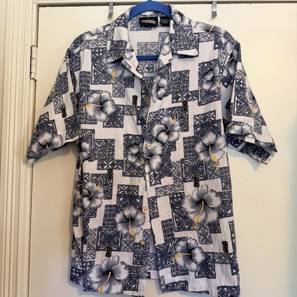 Vintage ODO Men Metallic Button Up Print Hawaiian Shirt Size Med Short Sleeve